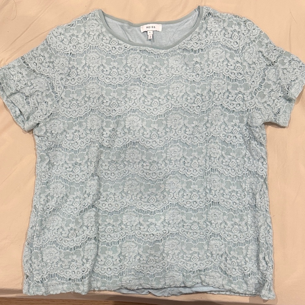 Reiss Soft Blue Lace Short Sleeve Top